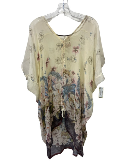 Da Nang Size M Beige, Brown, Pink Silk Short Sleeve Floral Sheer Tunic Top Beige, Brown, Pink / M