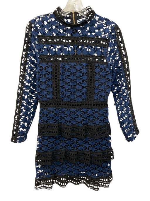 Few Moda Size Medium Blue & Black Polyester Long Sleeve Star Lace Tiered Dress Blue & Black / Medium
