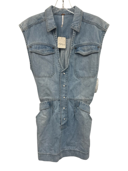 Free People Size XS Light Wash Cotton Cap Sleeve Buttons pocket Denim Dress Light Wash / XS
