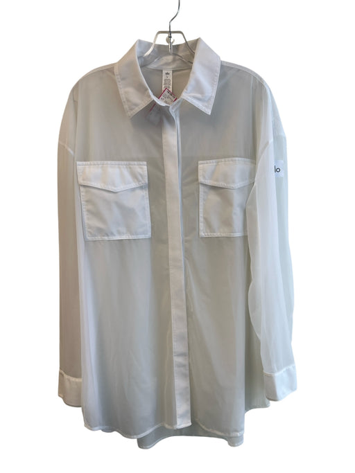 Alo Size M White Nylon Blend Collared Long Sleeve Front Pockets Sheer Top White / M