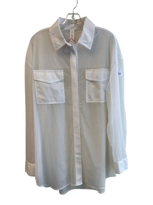 Alo Size M White Nylon Blend Collared Long Sleeve Front Pockets Sheer Top White / M