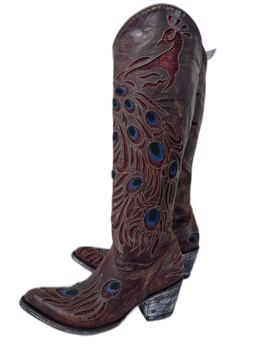 Old Gringo Shoe Size 7.5B Brown, Blue & Orange Leather Peacock Embellished Boots Brown, Blue & Orange / 7.5B