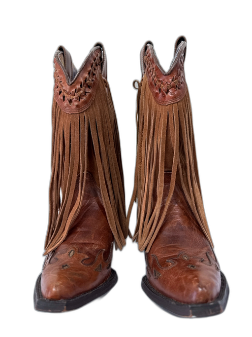 Dingo Shoe Size 8M Brown Leather Fringe Western Pointed Toe Calf Boots Brown / 8M