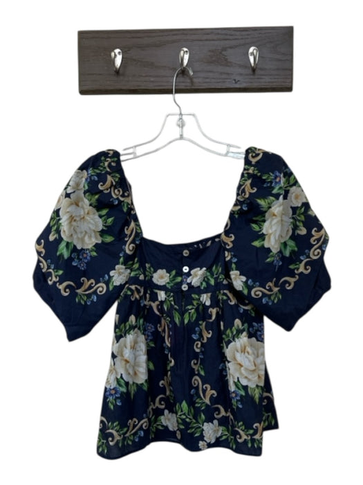 Farm Rio Size XS Navy & Cream Cotton Floral Puff Sleeve Square Neck Top Navy & Cream / XS