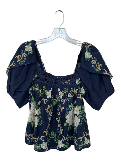 Farm Rio Size XS Navy & Cream Cotton Floral Puff Sleeve Square Neck Top Navy & Cream / XS