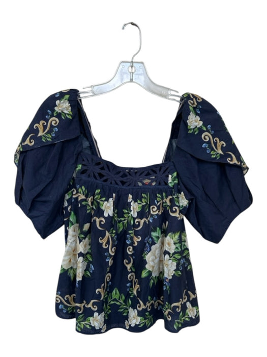 Farm Rio Size XS Navy & Cream Cotton Floral Puff Sleeve Square Neck Top Navy & Cream / XS
