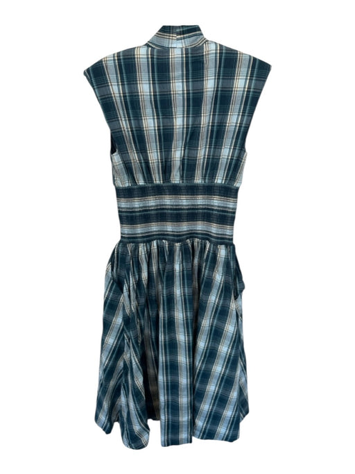 Anthropologie Size XS/P Blue & Aqua Baumwolle Shoulder Pads Plaid Midi Dress Blue & Aqua / XS/P