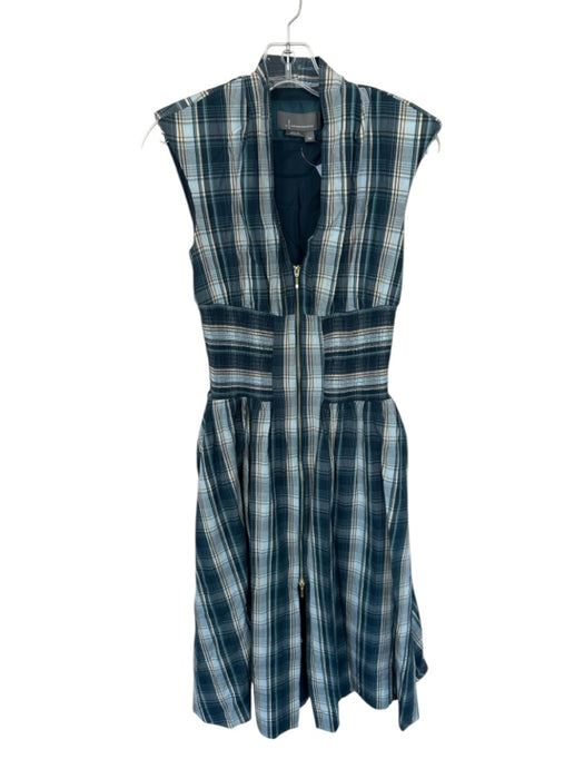 Anthropologie Size XS/P Blue & Aqua Baumwolle Shoulder Pads Plaid Midi Dress Blue & Aqua / XS/P