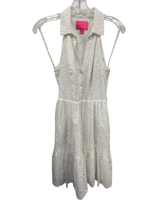 Lilly Pulitzer Size 2 White Cotton V Neck Eyelet Tie Waist Sleeveless Dress White / 2