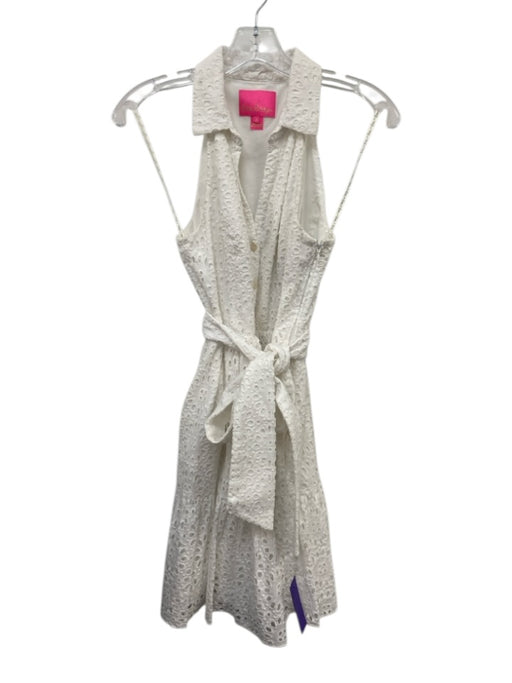 Lilly Pulitzer Size 2 White Cotton V Neck Eyelet Tie Waist Sleeveless Dress White / 2
