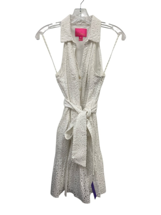 Lilly Pulitzer Size 2 White Cotton V Neck Eyelet Tie Waist Sleeveless Dress White / 2