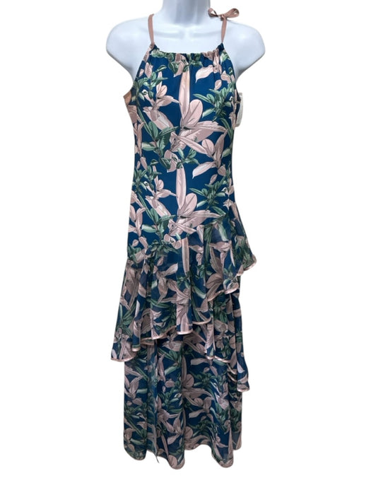 Adriana Contreras Size 0 Navy Blue, Pink, Green Polyester Trim Tiered Dress Navy Blue, Pink, Green / 0