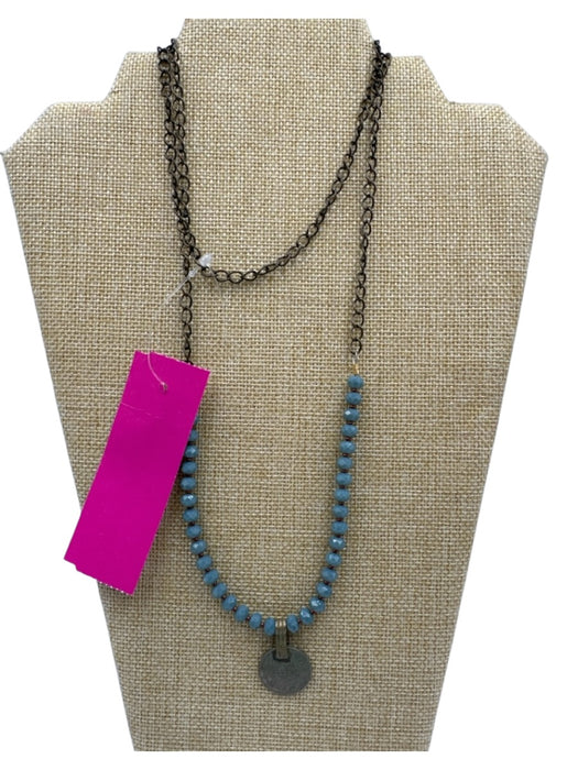 No Brand Blue & Silver Beaded Coin Bronze Hardware Chain Necklace Blue & Silver