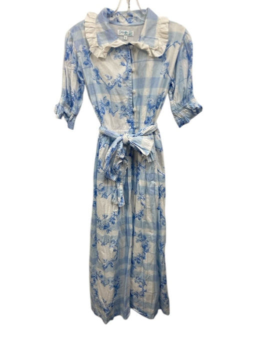Darlington Isle Size M Blue & White Cotton Puff 1/2 Sleeve Plaid & Floral Dress Blue & White / M