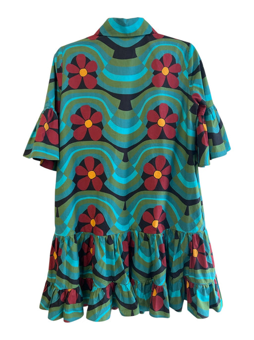 La Double J Size XS Green & Multi Cotton Collared Button Up Trumpet Sleeve Dress Green & Multi / XS