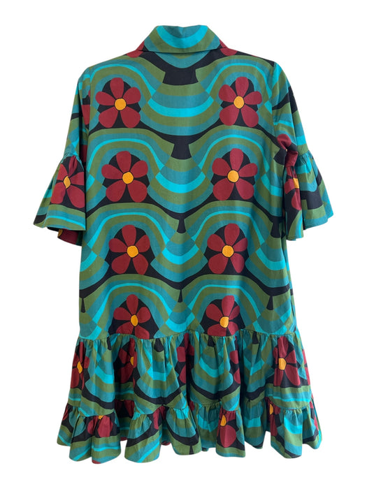 La Double J Size XS Green & Multi Cotton Collared Button Up Trumpet Sleeve Dress Green & Multi / XS