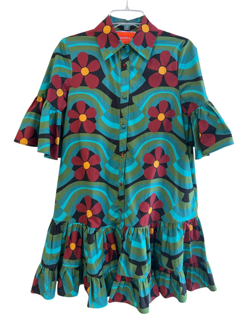 La Double J Size XS Green & Multi Cotton Collared Button Up Trumpet Sleeve Dress Green & Multi / XS
