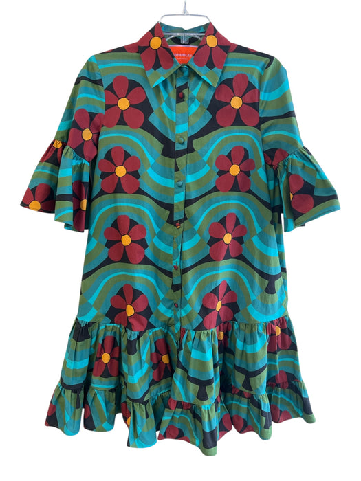 La Double J Size XS Green & Multi Cotton Collared Button Up Trumpet Sleeve Dress Green & Multi / XS