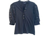 Veronica Beard Size S Black Cotton Round Neck Half Button Half Puff Sleeves Top Black / S