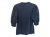 Veronica Beard Size S Black Cotton Round Neck Half Button Half Puff Sleeves Top Black / S