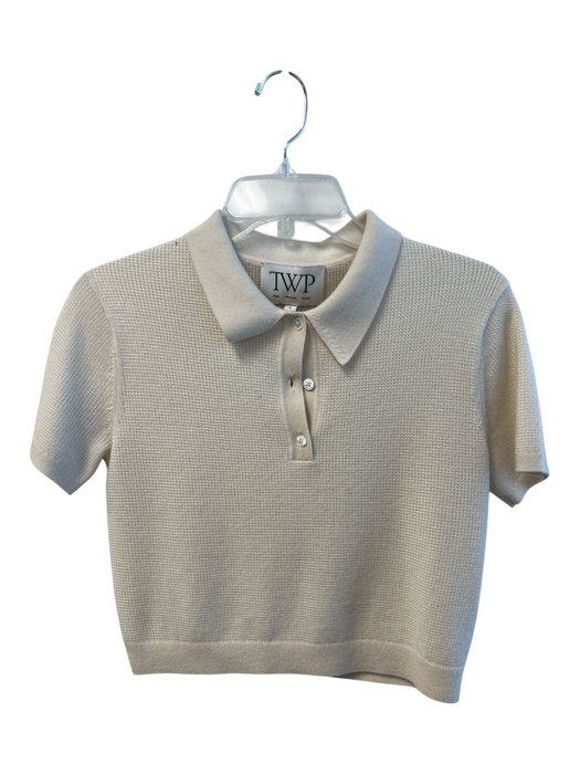 TWP Size S Cream Cashmere Collar 1/2 Button Short Sleeve Cropped Top Cream / S