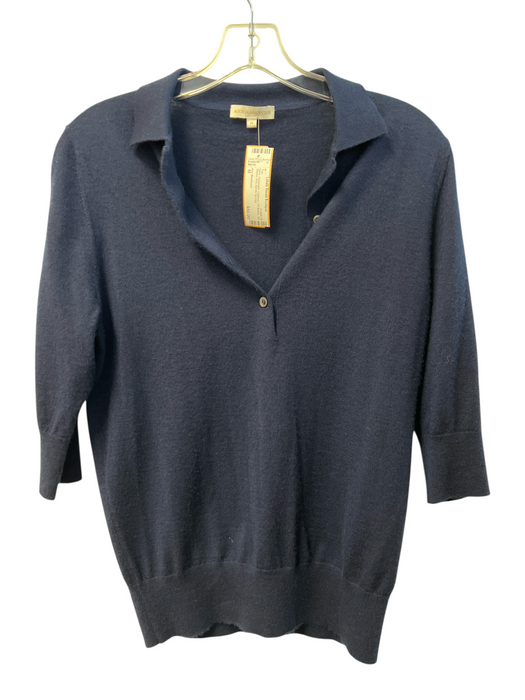 Ann Mashburn Size M Navy Cashmere Collared 1/2 Button 3/4 Sleeve Knit Top Navy / M