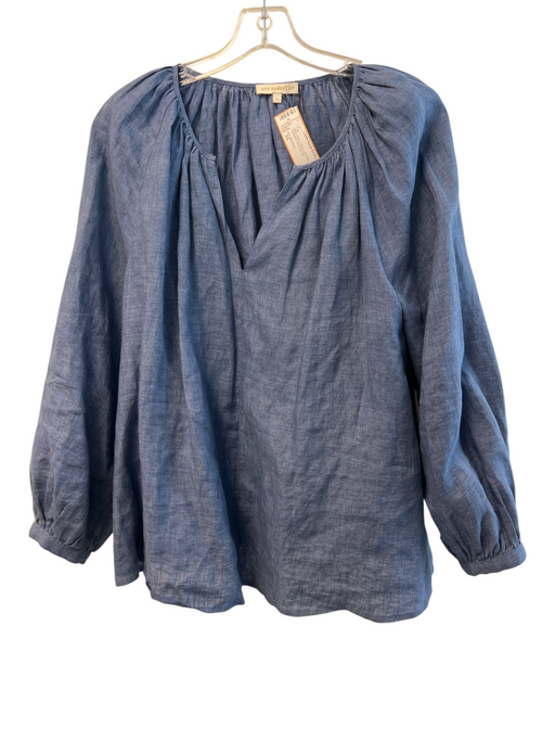 Ann Mashburn Size XS Blue Linen V Neck Long Sleeve Gathered Top Blue / XS