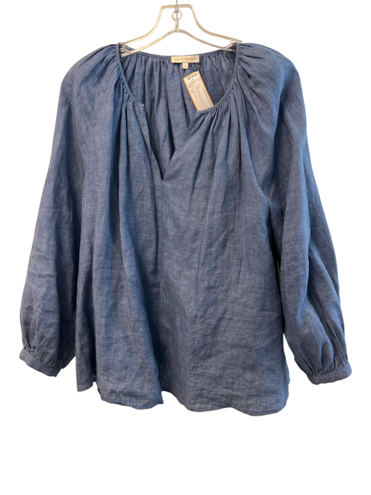 Ann Mashburn Size XS Blue Linen V Neck Long Sleeve Gathered Top Blue / XS
