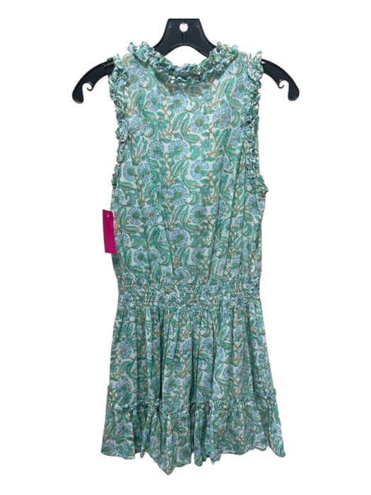 Anna Cate Size M Green, Blue, White Cotton V Neck Ruffle Trim Floral Dress Green, Blue, White / M
