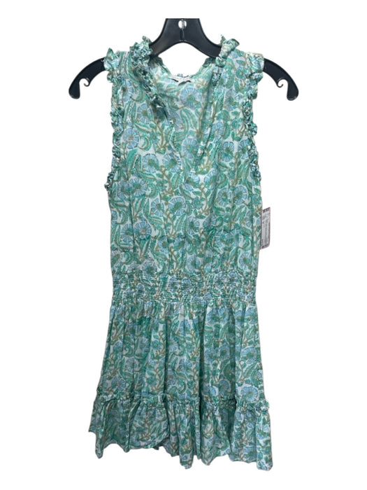 Anna Cate Size M Green, Blue, White Cotton V Neck Ruffle Trim Floral Dress Green, Blue, White / M