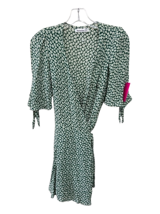Reformation Size XS Green & White Viscose Floral Wrap Short Sleeve Mini Dress Green & White / XS