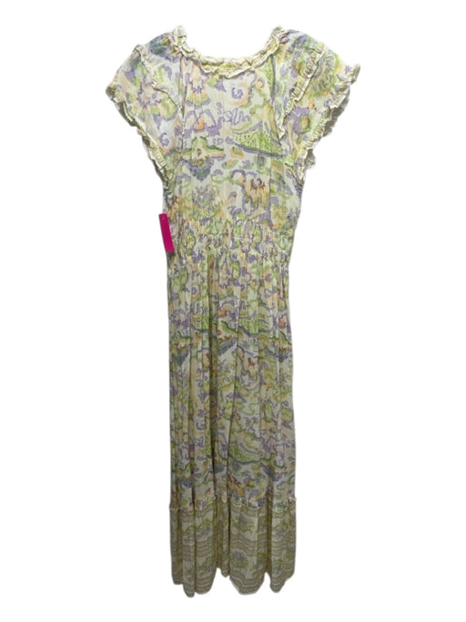 Bindu Size XS Yellow, Green, Purple Cotton Elastic Waist Ruffle Cap Sleeve Dress Yellow, Green, Purple / XS