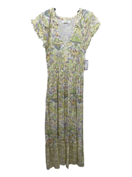 Bindu Size XS Yellow, Green, Purple Cotton Elastic Waist Ruffle Cap Sleeve Dress Yellow, Green, Purple / XS