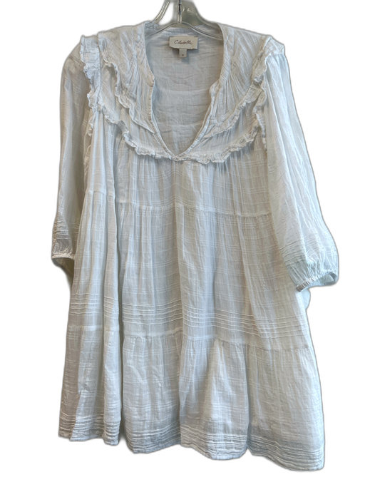 Cleobella Size S White Cotton V Neck 1/2 Sleeve Ruffle Detail Tiered Dress White / S