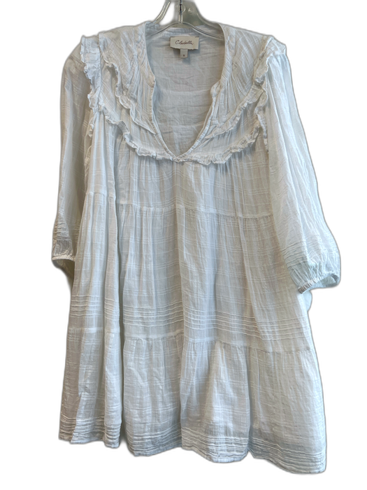 Cleobella Size S White Cotton V Neck 1/2 Sleeve Ruffle Detail Tiered Dress White / S