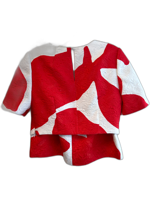 Milly Size P Red & White Polyester Brocade Scoop Neck Short Sleeve Skirt Set Red & White / P