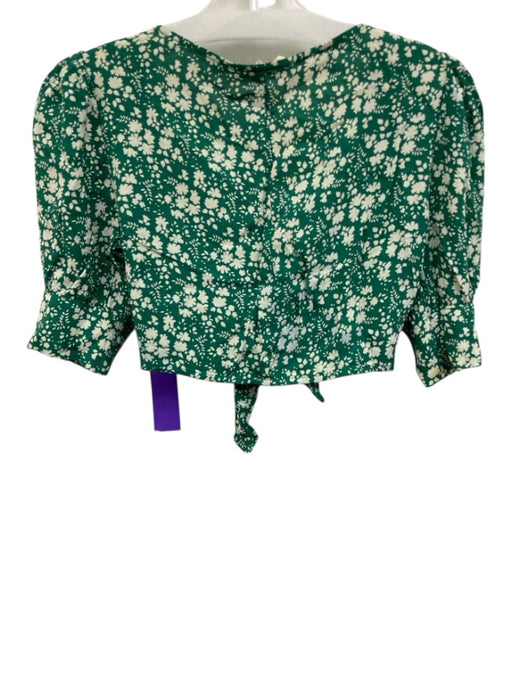 For Love & Lemons Size XS Green & White Rayon Floral Tie Front Short Sleeve Top Green & White / XS