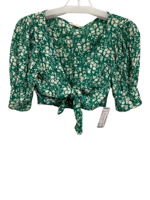 For Love & Lemons Size XS Green & White Rayon Floral Tie Front Short Sleeve Top Green & White / XS