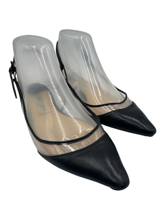 Jimmy Choo Shoe Size 37.5 Black & Clear Leather Pointed Toe Piping Buckle Flats Black & Clear / 37.5
