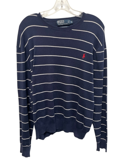 Polo Size XL Navy Blue & White Cotton Striped Crewneck Men's Sweater Navy Blue & White / XL