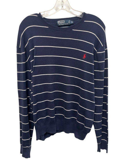 Polo Size XL Navy Blue & White Cotton Striped Crewneck Men's Sweater Navy Blue & White / XL