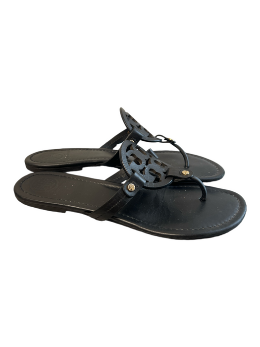 Tory Burch Shoe Size 8.5/9 Black Leather Logo Flat Goldtone Hardware Thong Shoes Black / 8.5/9