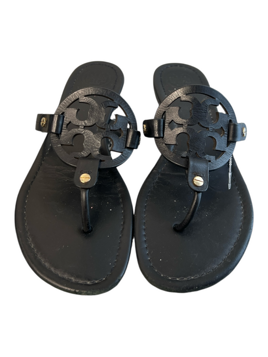 Tory Burch Shoe Size 8.5/9 Black Leather Logo Flat Goldtone Hardware Thong Shoes Black / 8.5/9