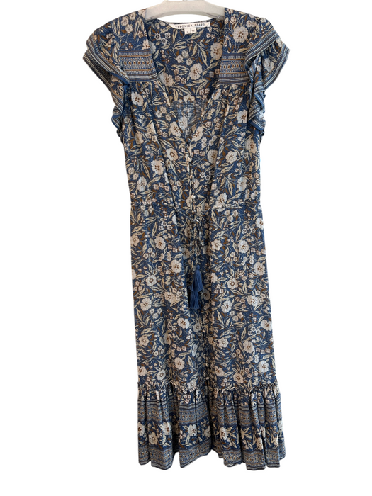 Veronica Beard Size Medium Blue, Brown & white Viscose Blend V Neck Floral Dress Blue, Brown & white / Medium