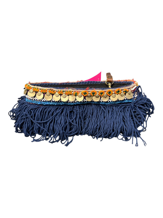 Elliot Mann Blue & Orange Cotton Beaded Top Zip Wristlet Bag Blue & Orange / Small