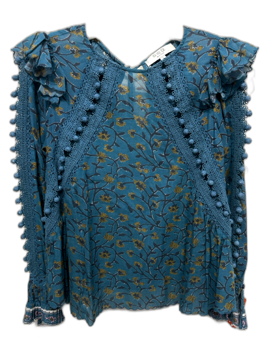 Sea New York Size 2 Blue Cotton Blend Botanical Print Long Sleeve Top Blue / 2