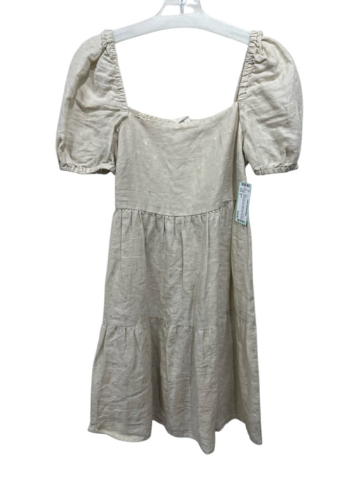 Mango Size 2 Beige Linen Short Balloon Sleeve Swiss Dot Shirred Back Dress Beige / 2