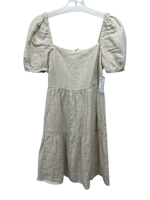 Mango Size 2 Beige Linen Short Balloon Sleeve Swiss Dot Shirred Back Dress Beige / 2