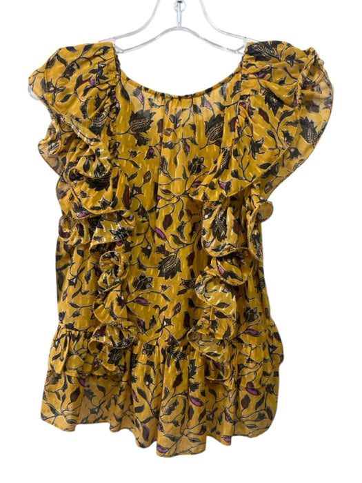 Ulla Johnson Size 2 Yellow, Black & Pink Silk & Cotton Ruffle Cap Sleeve Top Yellow, Black & Pink / 2