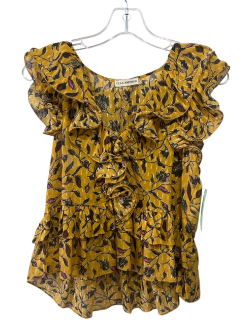 Ulla Johnson Size 2 Yellow, Black & Pink Silk & Cotton Ruffle Cap Sleeve Top Yellow, Black & Pink / 2